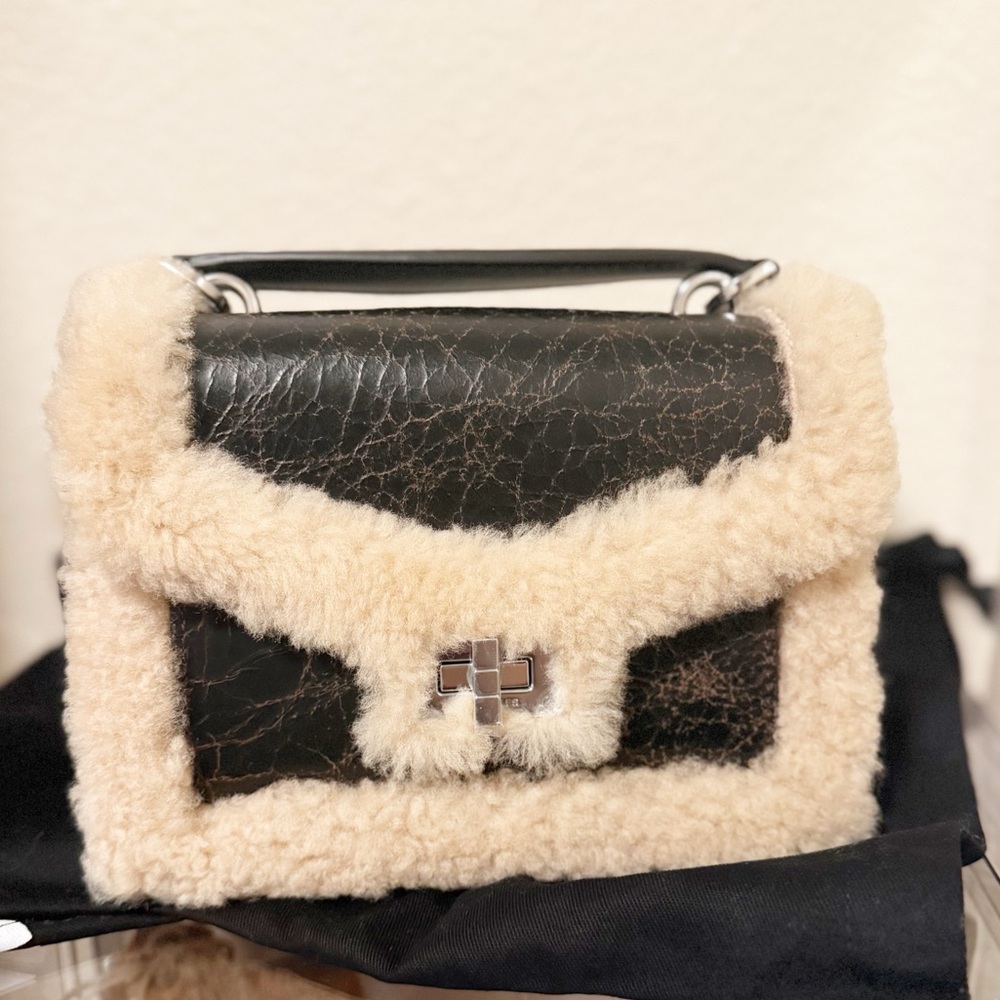 NEW The Kooples Leather Shearling Trim Emily Crossbody Chocolate Brown Purse - Picture 5 of 7
